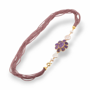 Collana Lunga con Perle di Fiume e Cristalli Rosa Cipria